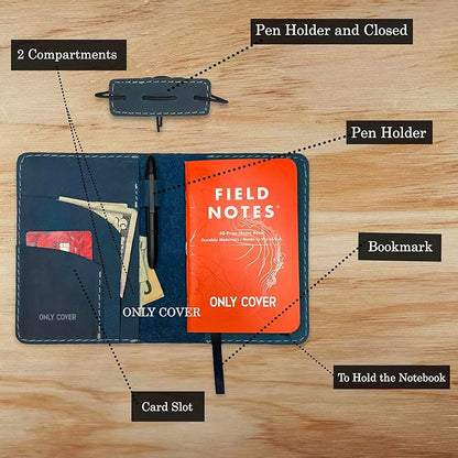 Thot Ra Leather Cover for Field Notes, Passport Cover, Leather Notebook Cover for 3.5" x 5.5" with Pen Holder, Only Cover (Vintage Blue)
