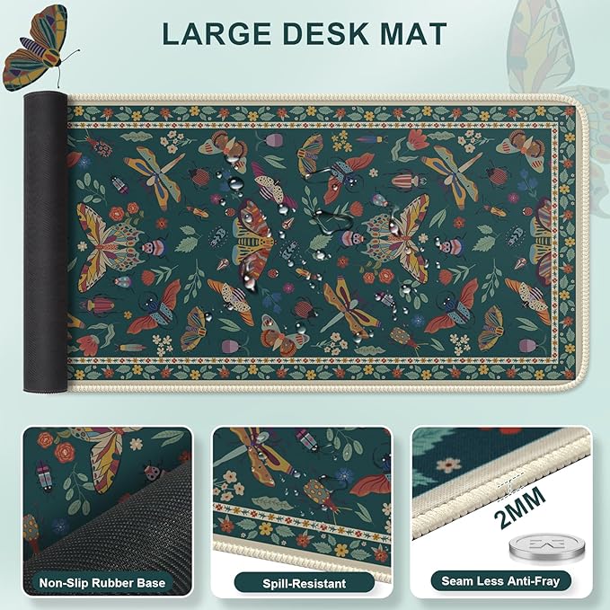 iLeadon Desk Pad Mat for Keyboard and Mouse,4in1 Green Large Mouse Pads Set for Desk,Ergonomic Wrist Rest for Computer Keyboard,Cup Coaster with Non-Slip Rubber Base for Home Office,Dark Green Insect