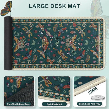 iLeadon Desk Pad Mat for Keyboard and Mouse,4in1 Green Large Mouse Pads Set for Desk,Ergonomic Wrist Rest for Computer Keyboard,Cup Coaster with Non-Slip Rubber Base for Home Office,Dark Green Insect