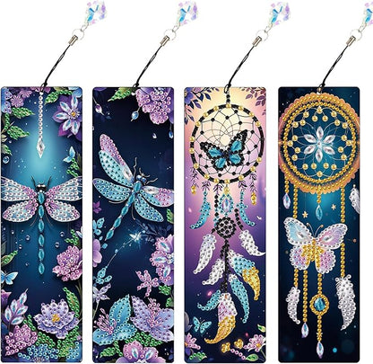 4 Pieces Dream Catcher Diamond Art Bookmarks Dragonfly Butterfly 5D Diamond Art Bookmark Tassel Beaded Book Mark for Graduation Birthday Reading Present DIY Making Beginners Adults Arts Craft Supplies