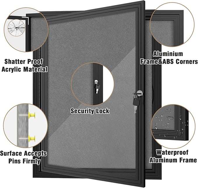 26"x20" Enclosed Bulletin Board, Outdoor Lockable Weather-Resistant Aluminum Cork Noticeboard for School & Office, Black Frame w/Grey Flet