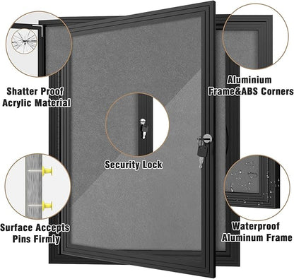 26"x20" Enclosed Bulletin Board, Outdoor Lockable Weather-Resistant Aluminum Cork Noticeboard for School & Office, Black Frame w/Grey Flet