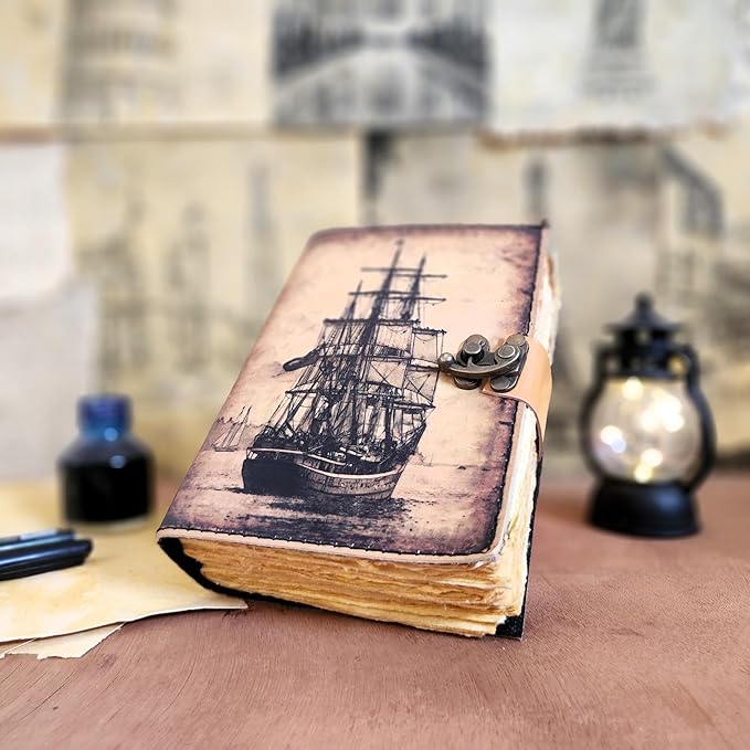 Big Medium Sailing Ship Leather Journal Dairy Notebook Sketchbook | 200 Deckle Papers | C-Shape Lock for Closure (8*6 inch)