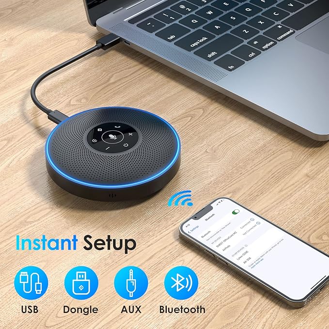EMEET Bluetooth Speakerphone - Daisy Chain/Use Alone up to 16 attendees, M220 Professional Wireless Speakerphone 360°Voice Pick-up 8 AI Noise Cancellation Mics Skype Speakerphone for Conference Calls