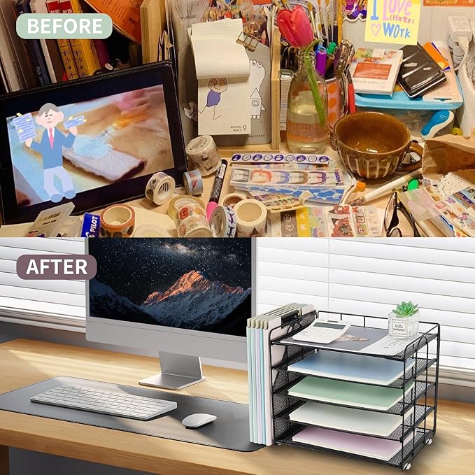 OPNCIE Desk Organizers and Accessories, 5 Tier Paper Letter Tray File Organizer, Office Organization Storage Desk Accessories Workspace Desktop Organizer for Classroom Office Supplies Decor(Black)