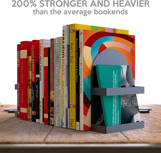 Iron Arch Modern and Decorative Bookends for Heavy Books, 200% Stronger & Heavier Than The Average Bookends, Large Bookends with Matching Bonus Storage Cup (Carbon Black)
