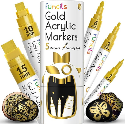 5 Acrylic Gold Paint Pen Metallic - Gold Marker Metallic Paint for Wood, Fabric, Canvas, Leaf, Tire, Metal, Glass - Permanent Pen Fine Tip, Thin Point & Jumbo (1mm, 3mm, 6mm, 10mm, 15mm)