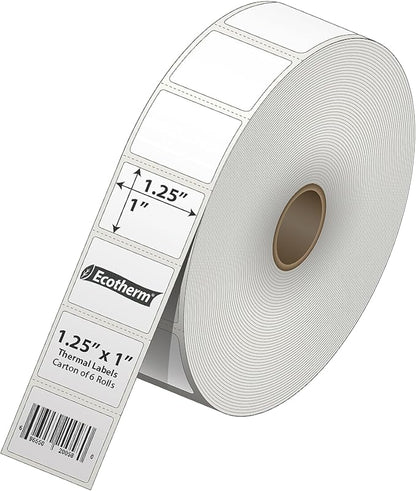 1.25" x 1" Thermal Labels | 6 Rolls | 14040 Labels | fits Zebra, Godex, Arkscan, iDPRT, Offnova Thermal Label Printers and More | Blank White Adhesive Stickers by Ecotherm