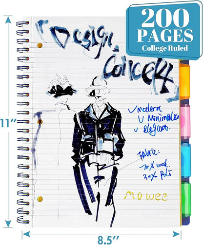 Spiral Notebook - 5 Subject Notebook, College Ruled Notebook With Dividers Pocket, Tabs Label (8.5x11Black)