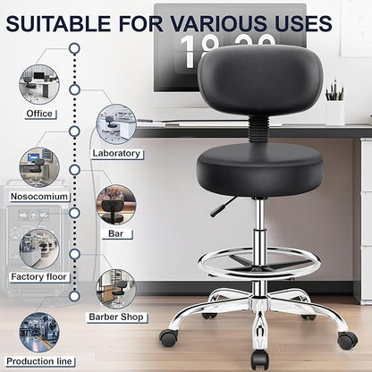 Drafting Chair with Backrest – Adjustable Foot Rest Rolling Stool with Wheels, PU Leather Swivel Stool for Office Spa Studio Lab Counter Salon Home Work Bar Kitchen Shop(Silver)