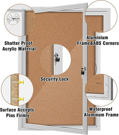 36"x24" Enclosed Bulletin Board, Outdoor Lockable Weather-Resistant Aluminum Cork Noticeboard for School & Office, Silver Frame w/Cork
