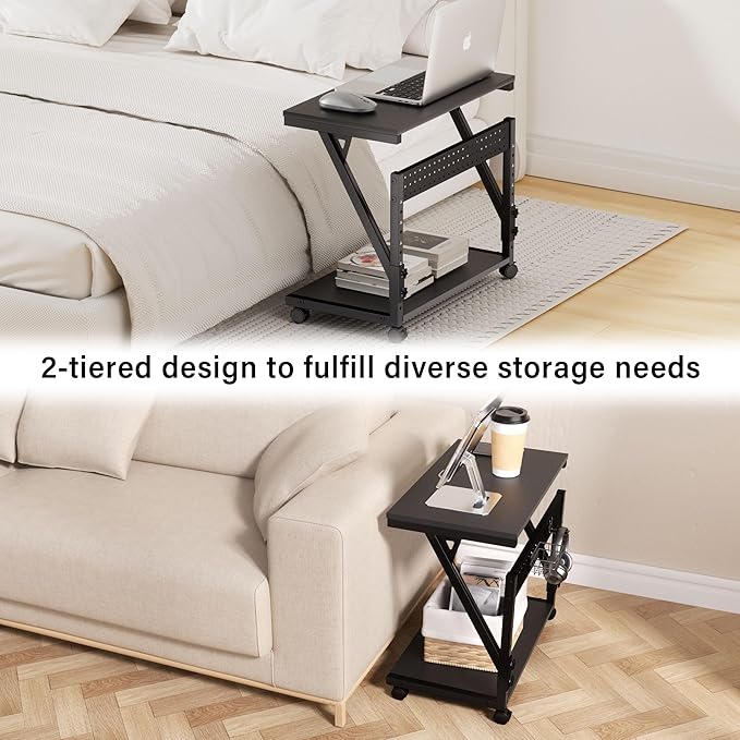 Computer Tower Cart - Height Adjustable PC Stand, 2-Tier ATX-Case CPU Holder Home Office Gaming Desk Accessories with Rolling Lockable Wheels, Laptop Table Standing Computer Desk, Rustic Black