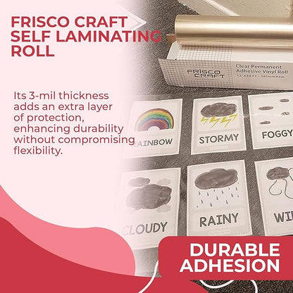 Frisco Craft Transparent Self Adhesive Laminating Roll - Self Laminating Sheets for Decals, Sticker, Photos & More - No Heat Sealing, Glossy, Clear Sheets (12" x 10 ft)