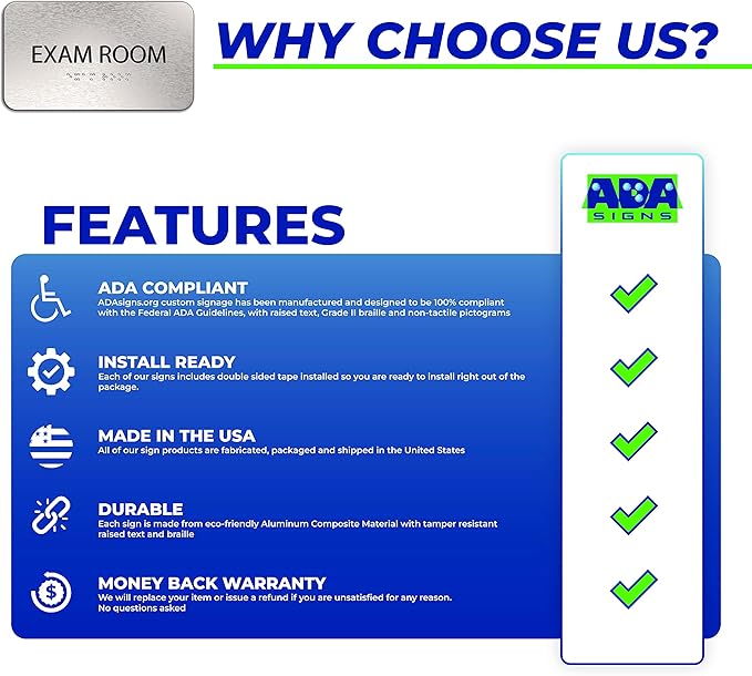 Exam Room Sign for Business - Medical Office Signs, Aluminum Brushed Silver, Tamper-Proof, Heavy Duty Mounting Tape, Easy Install, Office Décor, ADA Compliant, Grade 2 Braille (7”W x 4”H) ADASigns.org