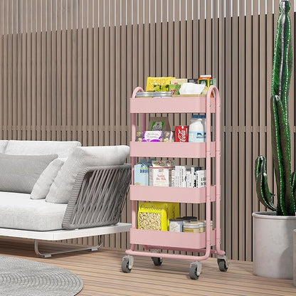 4-Tier Pink Rolling Cart,Metal Utility Rolling Cart with Handle,Multifunction Rolling Carts with Wheels,Kitchen Storage Carts Suitable for Office,Home,Kitchen,Garden（13.4"x18.1"x40"） Pink