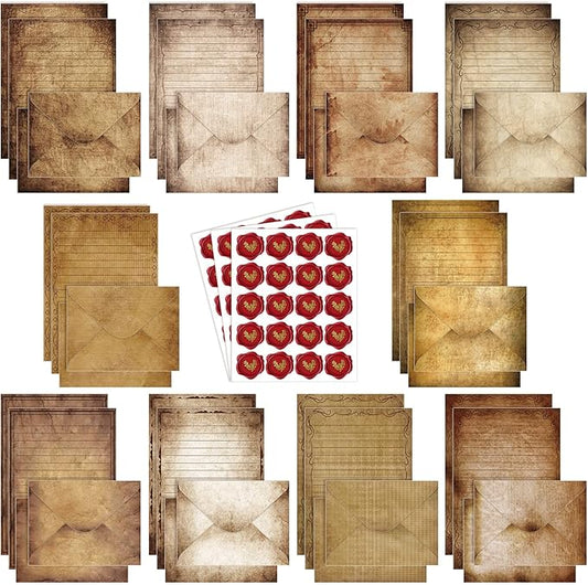 TaoBary 160 Packs Stationery Paper Set (50 Double Sided Stationery Writing Papers 50 Matching Envelopes) 60 Round Dot Sticker, 10 Design(Vintage,8.5 x 11 Inch)