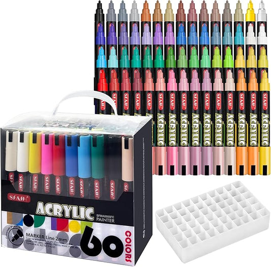 SFAIH Acrylic Creative Markers Set of 60 With 14 Metallics, Organizer, 3mm Medium Tips - Holiday Paint Markers, Gift for Kids and Adults - Art Supplies