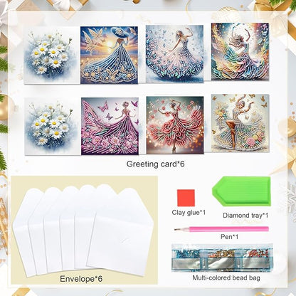 6 Pcs 5D Diamond Painting Greeting Cards Kits, Handmade Festival Greeting Cards with Envelopes DIY Diamond Art Crafts Birthday Cards Holographic Laser Effect for Birthdays Holidays (Beautiful Woman)