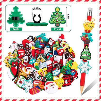 WDAHDHP Christmas Pencil Clips for Kids, 50Pcs Different Pencil Clips Topper, Cute Pencil Charms for Kids Students School Gifts Classroom Rewards