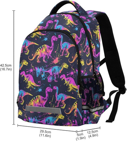 MNSRUU Laptop Backpack with Chest Strap, Neon Funny Dinosaurs School Backpack, Travel Hiking Backpack for Boys Girls Teen Adult, Rucksack, Knapsack