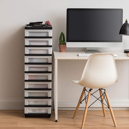 IRIS USA Plastic Drawer Storage Organizer Rolling Cart, with Wheels Casters, 10-Drawers, for Classroom Art Craft Supplies Dresser Closet Bathroom Bedroom, Top Organizer for Small Parts, Black/Pearl