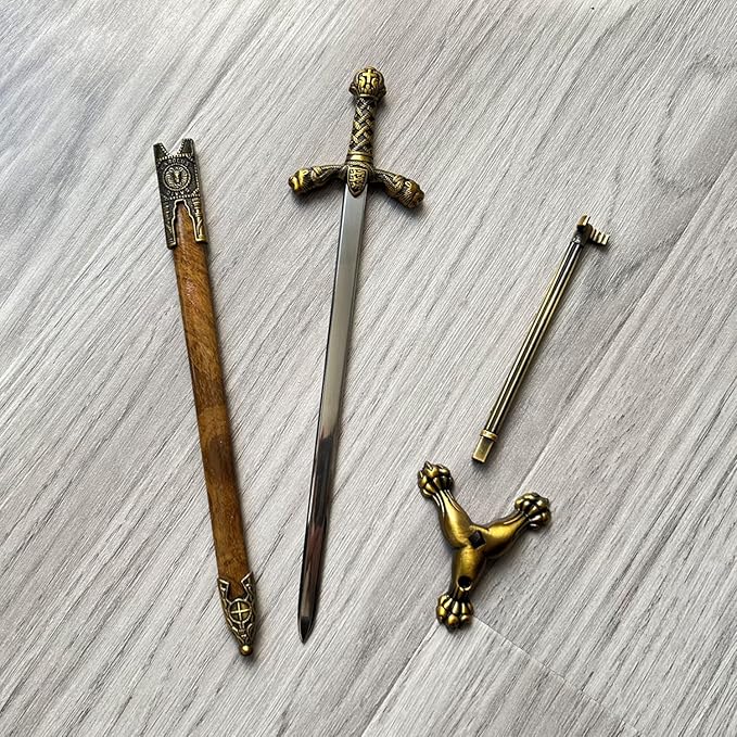 11" Metal Excalibur Sword Stainless Steel Letter Opener with Stand,Medieval Vintage Gold Handle,Mini Sword,Lightweight Hand Envelope Slitter,Special Gift