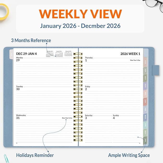 SUNEE 2026 Weekly & Monthly Planner 6.4"x8.5"- 12 Month (January 2026 - December 2026), Vegan Leather Cover, Pocket, Bookmark, Notes, Monthly Tab, Gray Blue