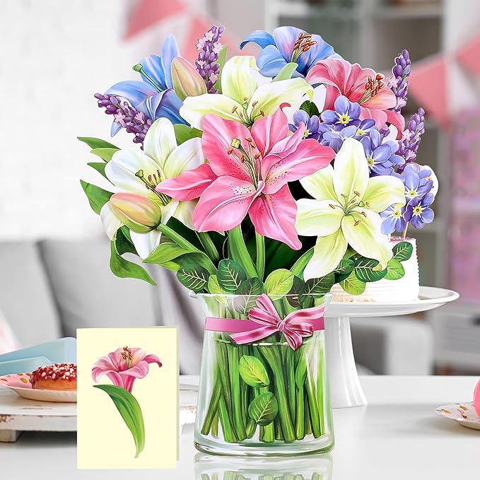 Airpark Pop Up Bouquet Card, Lillies & Lupines, 12 inch Paper Flowers 3D Popup Cards with Note Card and Envelope for Birthday and Gifts, Get Well for Women Kids, Easter Decor