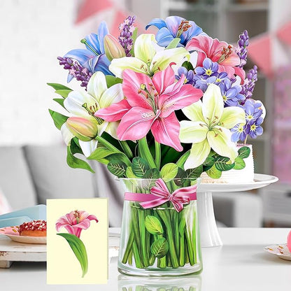 Airpark Pop Up Bouquet Card, Lillies & Lupines, 12 inch Paper Flowers 3D Popup Cards with Note Card and Envelope for Birthday and Gifts, Get Well for Women Kids, Easter Decor