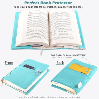 Canvas Book Covers, Washable Book Protector, Book Cover for Paperback Novels, Adjustable Book Cover for Hardcover with Pockets for Pen, Soft Cover Books, Book Lovers Gifts
