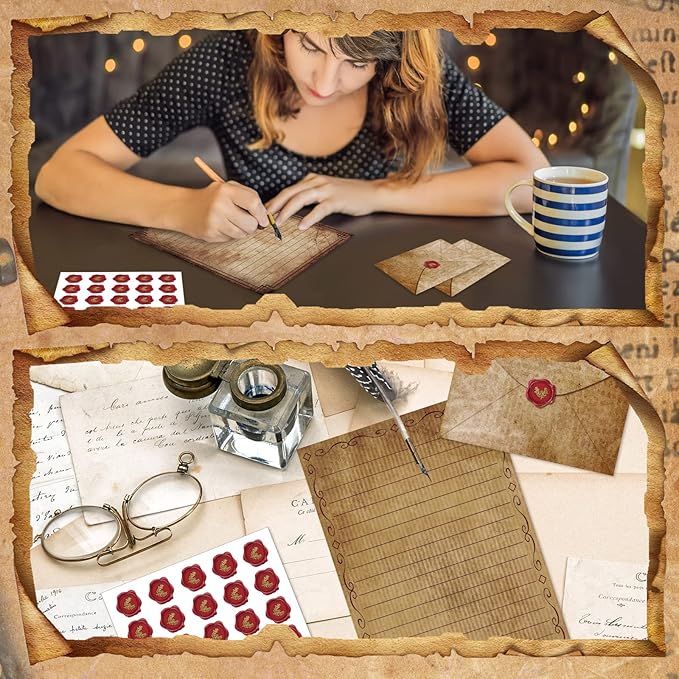 TaoBary 160 Packs Stationery Paper Set (50 Double Sided Stationery Writing Papers 50 Matching Envelopes) 60 Round Dot Sticker, 10 Design(Vintage Antique,5.5 x 8.25 Inch)