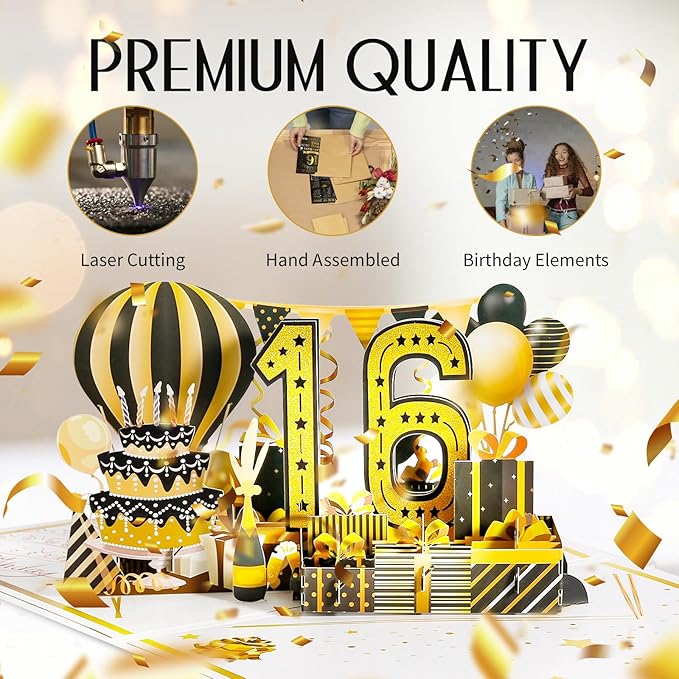 16th Birthday Card for Girl Boy, Jumbo Pop Up Sweet 16th Birthday Cards for Son Daughter, Happy 16th Birthday Decorations for 16 Year Old Girls Boys Funny Birthday Gifts, Review of 2009, Black Gold