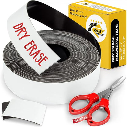 X-bet MAGNET Dry Erase Magnetic Strips - Magnetic Tape Roll - Blank Write On Magnets - Sticky Labels and Stickers - Writable Flexible Magnet Sheet for Whiteboards, Refrigerator and Crafts