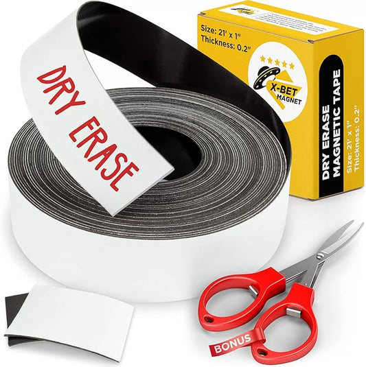 X-bet MAGNET Dry Erase Magnetic Strips - Magnetic Tape Roll - Blank Write On Magnets - Sticky Labels and Stickers - Writable Flexible Magnet Sheet for Whiteboards, Refrigerator and Crafts