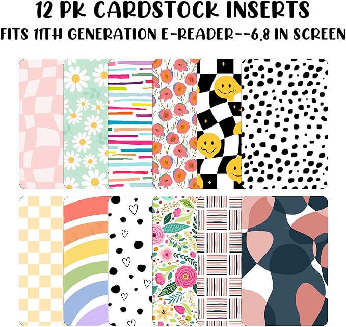 E-reader Cardstock Paper Inserts for Clear Case | 12 pk 4.88 x 6.73” inches Paper White 11th Generation 6.8" Screen Compatible Put Behind Case Colorful Floral Designs Change Out
