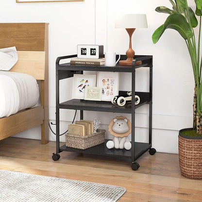 Printer Stands with Charging Station, 25.2 x 18.9 Inch Large Printer Stand with Wheels for Home Office, 3 Tier Printer Table with Power Outlet USB Port, Printer Shredder Stand, Black