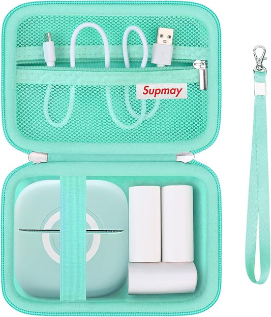 Hard Travel Case for Cabaro Mini Printer Sticker Thermal Printer, Bluetooth Portable Phone Printer Storage Holder Protection Case with Zipper Mesh Pocket fit Rolls Paper, Charging Cable, Green