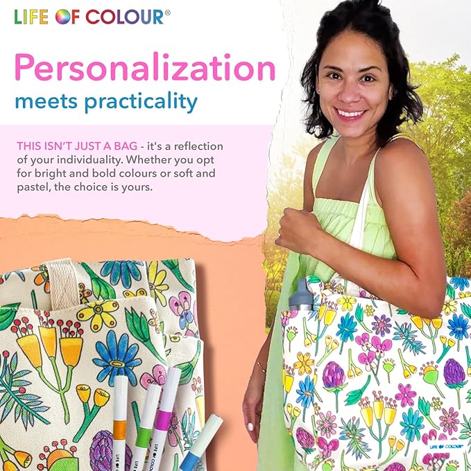 Life of Colour Doodle Bag with Wildflower Patterns – Color Your Own Tote Bag Craft Kits for Adults, Includes Canvas Tote & 24 Acrylic Markers – DIY Painting & Art Kit for Women