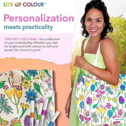 Life of Colour Doodle Bag with Wildflower Patterns – Color Your Own Tote Bag Craft Kits for Adults, Includes Canvas Tote & 24 Acrylic Markers – DIY Painting & Art Kit for Women