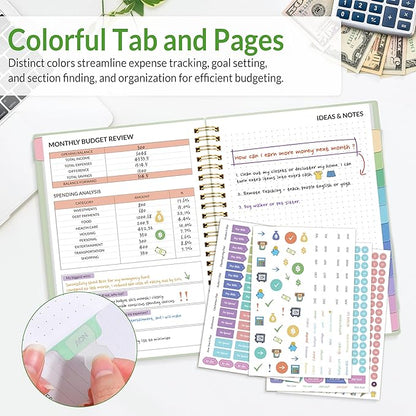 SUNEE Budget Planner - Monthly Budget Book with Expense Tracker Notebook, Undated 12 Month Bill Organizer & Finance Planner to Manage Your Money, A5(6.4" x 8.3") Account Book with Colorful Tab, Green