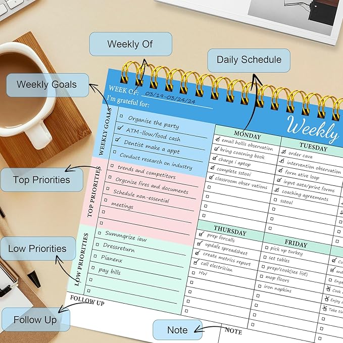2 Packs Weekly To Do List Notepad - Weekly Planner Notepad, Undated Weekly Desk Planner with To Do List Notebook for Work, 52 Pages Spiral Bound Notepad with Checklist, 8.5"×11"