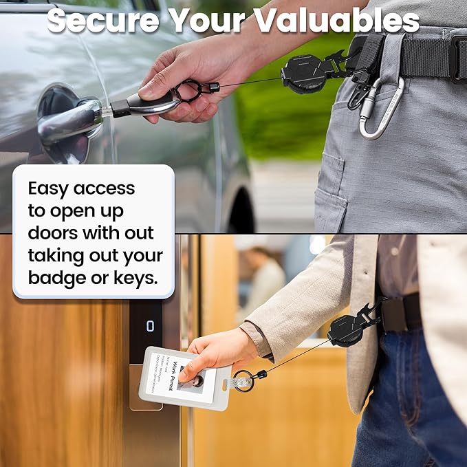 1 Pack Retractable Keychain Heavy Duty Carabiner Badge Holder with Magnetic Closure, Tactical ID Badge Reel for Men with 32” Steel Retractable Cord, Bearing 17 OZ