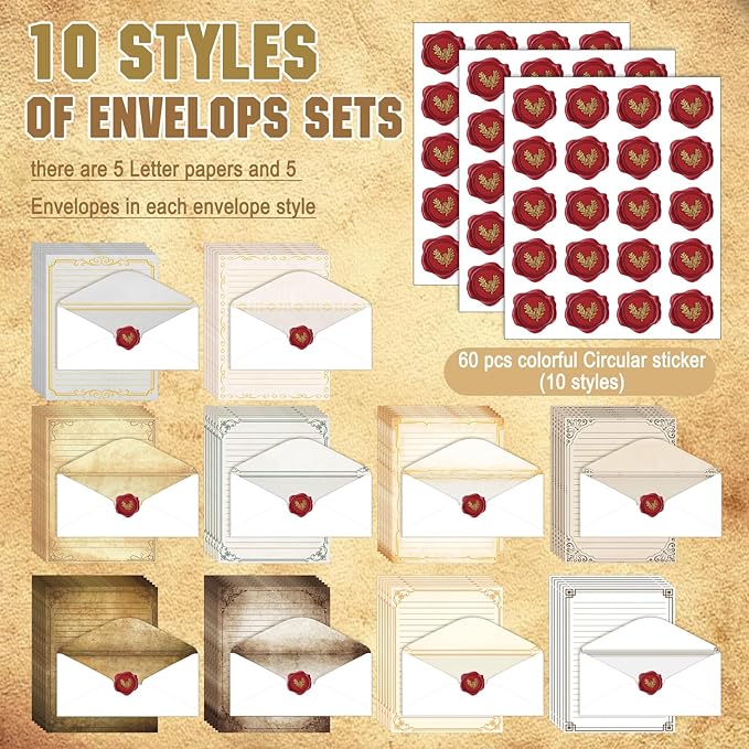 TaoBary 160 Packs Stationery Paper Set (50 Double Sided Stationery Writing Papers 50 Matching Envelopes) 60 Round Dot Sticker, 10 Design(Retro,8.5 x 11 Inch)