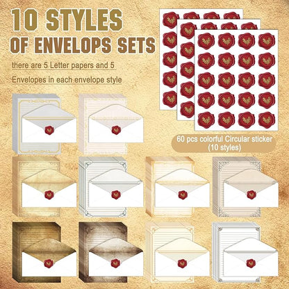 TaoBary 160 Packs Stationery Paper Set (50 Double Sided Stationery Writing Papers 50 Matching Envelopes) 60 Round Dot Sticker, 10 Design(Retro,8.5 x 11 Inch)