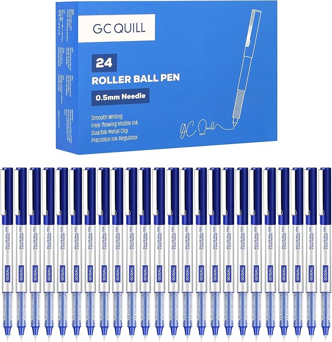 GC QUILL 48 Rollerball Pens 0.5mm Needle Point Black Liquid Ink Pens 24 and Blue Liquid Ink Pens 24 for Bullet Journaling, Office Supplies for Writing, Taking Notes & Sketching BKL48