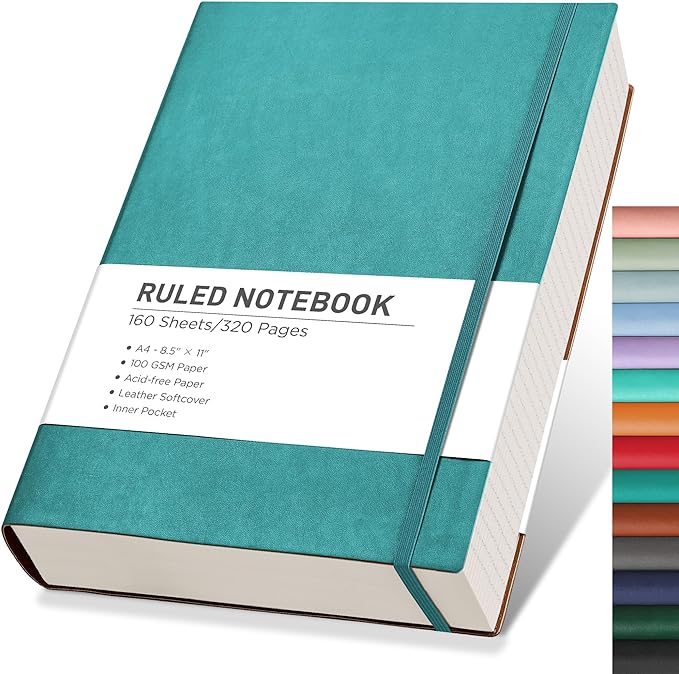 RETTACY Journaling Notebooks, A4 Lined Notebook Journal with 320 Pages, 8.5" × 11", Large Size, Notebook Journal for Work, School, Writing, Leather Softcover, 100 GSM Thick Paper (Cyan)