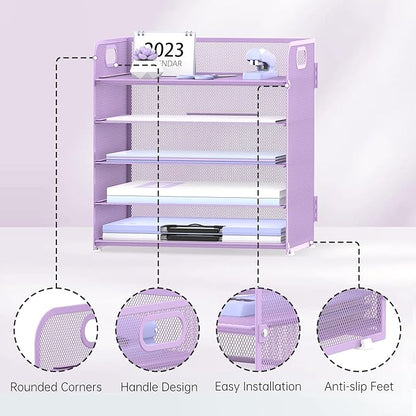 2 Pack 5-Tier Purple Desk Organizer with Handle Mesh Desk File/Paper Organizer Letter Tray for Office, School and Home Easy Installation Purple Office Supplies