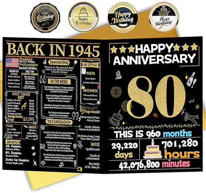 Joycard 80th Anniversary Card for Women Men, Gold Wedding Card for Wife Husband, Sweet Marriage Decorations Gifts for Couple, Perfect for Her Him on Anniversary Day, Back in 1945