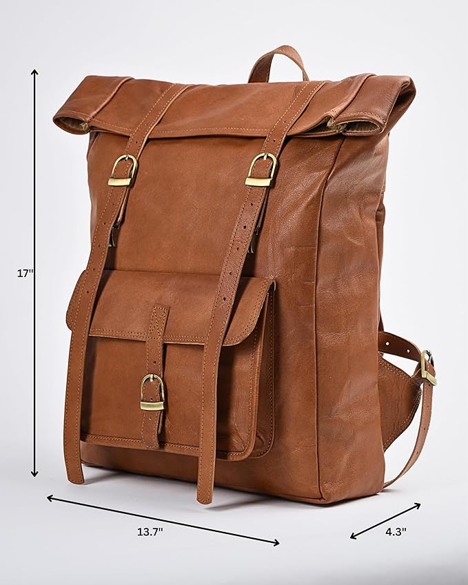 Genuine Leather Backpack for Men - 17.3 Inch Laptop - Designer Roll-top bookbag - Vintage Fashion rucksack back pack for work & travel, X-Large Tan (Brown)