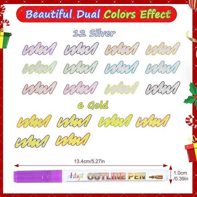 Shimmer Markers,18 Colors Outline Pens, Gold and Silver Double Line Outline Markers, Metallic Marker Glitter Pens Set for Art Crafts, Easter Basket Stuffers for Teens, Greeting Cards, DIY, Scrapbook